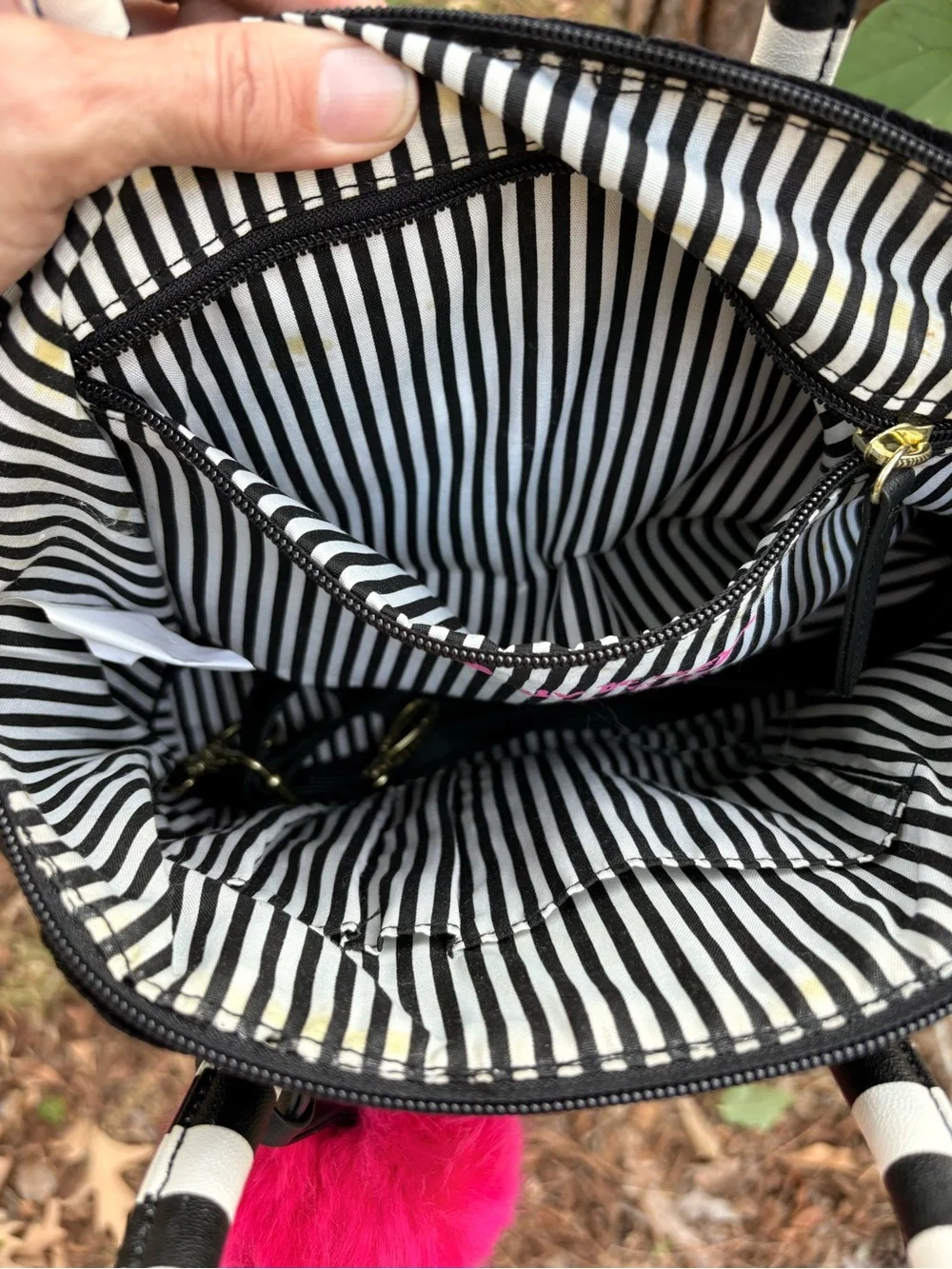 Luv Betsey Johnson Black Velvet Tote with Striped Handles and Hot Pink Pom Charm